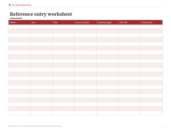 Preview of Printable APA Reference Worksheet